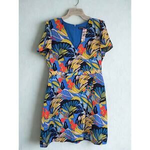 J. Crew Factory Blue Floral Midi Dress with Yellow & Red Accents